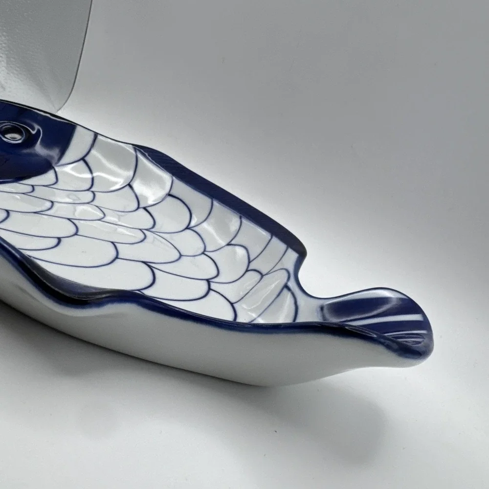 Vintage 90s Dansk Arabesque Fish Bowl Serving Platter Plate Blue & White